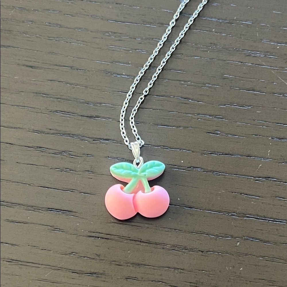 Pink and Green Cherry Pendant Necklace